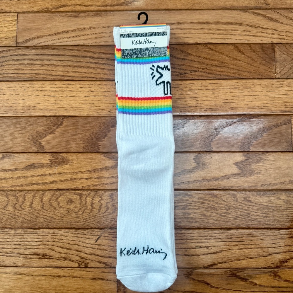 Keith Haring White Socks with Colorful Rainbow Stripes Signature Design. 2-pack